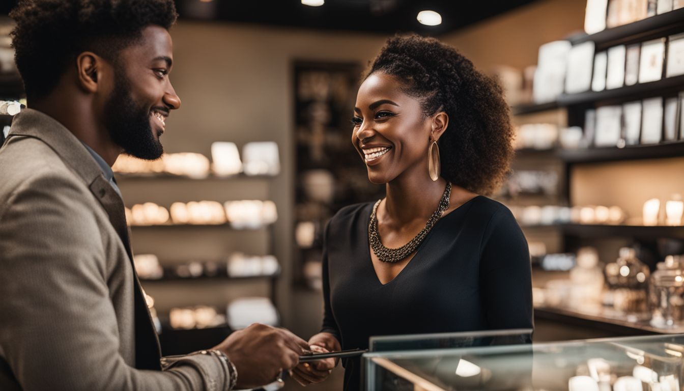 A business owner smiling while interacting with a customer at their storefront.